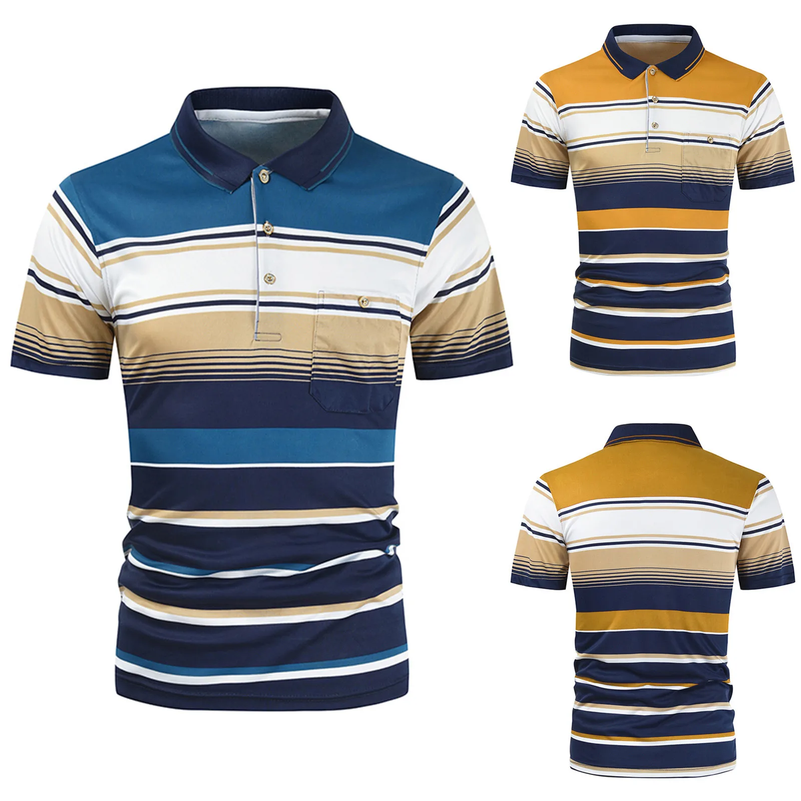 

56# Summer Polos Shirt Men's Casual Short Sleeve Button Turn-down Collar Blouse Stripe Pocket Shirt Tops Chemise Homme 2021
