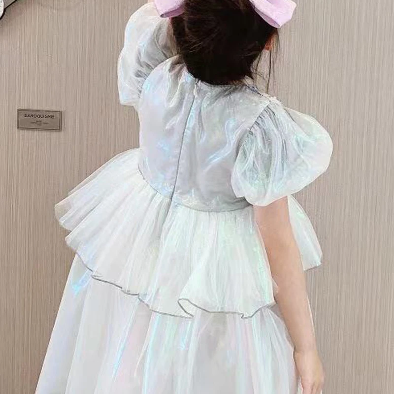 

Flower Girls Dresses Illusion Short Sequined Tulle Lace O-Neck Knee-Length Luxury Blue Elegant Cute Kid Party Princess Gown F550