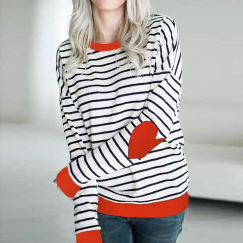 

European and American leisure new women's top color contrast love stripe long sleeve T-shirt long sleeve shirt women t shirt