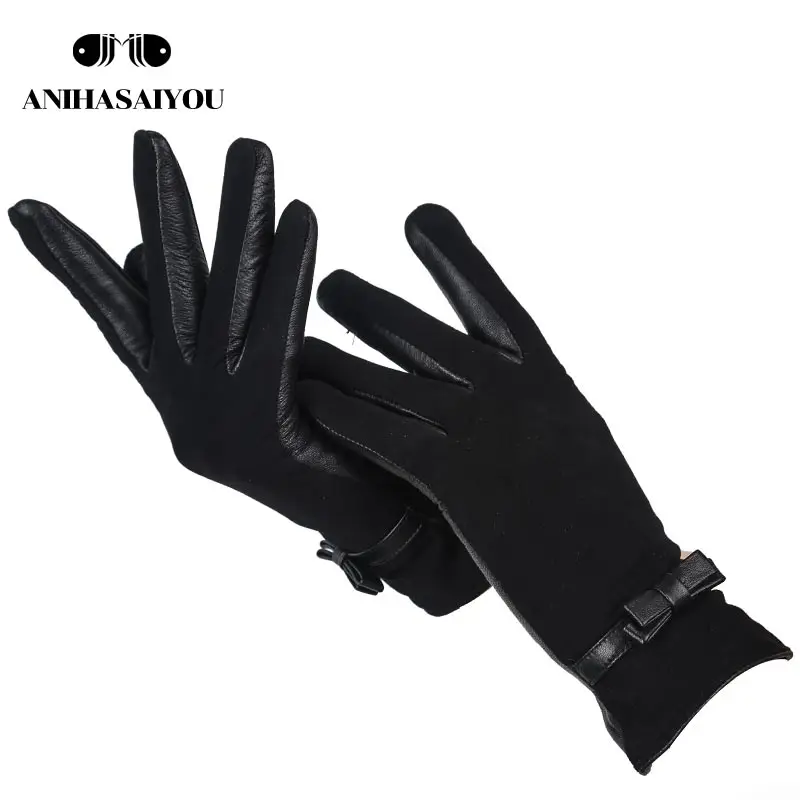 Модные простые женские перчатки, высококачественные зимние женские зимние перчатки, женские кожаные перчатки из овчины-0718 - Цвет: Черный