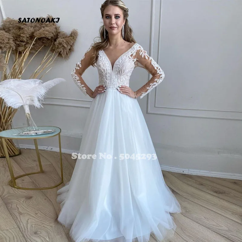 

Vestido De Novia Long Sleeve V-Neck Wedding Dress 2021 Lace A-Line White Tulle Organza Appliques Bridal Gown Vintage Robe Mariée