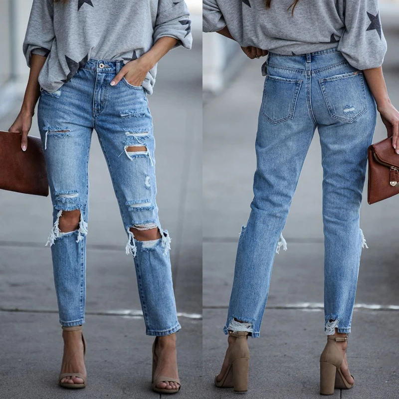 

2021 New Style Women's Jeans Street Trendy Little Feet Jeans Light-Colored Ripped Jeans All-Match Fashionable Mid-Waist Jeans