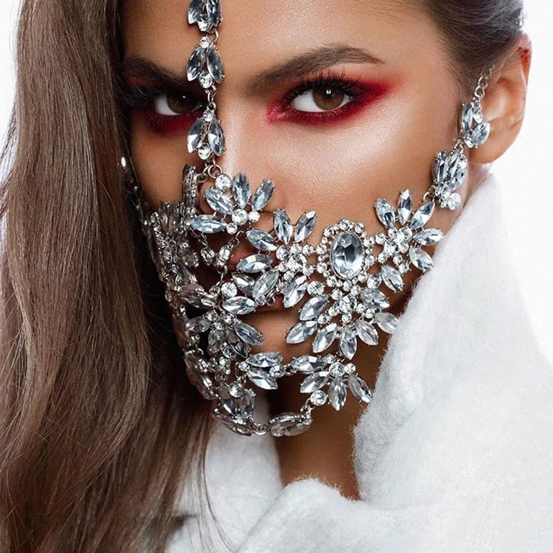 

Luxury Halloween Crystal Bling Mask Hanemade Jewelry for Women Statment Rhinestone Flower Decorative Mask Party Jewellery