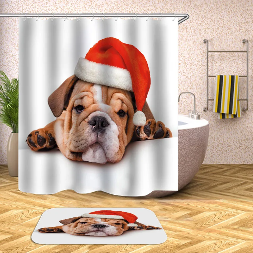 Новогодняя занавеска для душа Рождественская шапка с кошкой и собакой