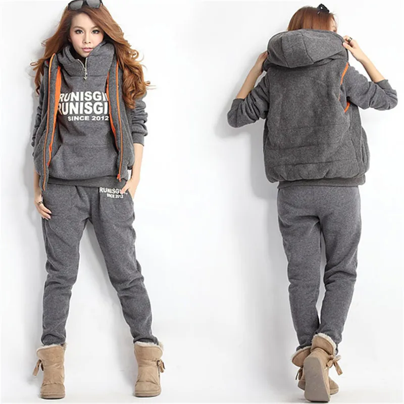 

Women's Sport Sets Casual Letter Print Tracksuits Autumn Winter 3 Piece Set Hoodies + Vest + Pants Warm Sport Suit Plus Size 6XL