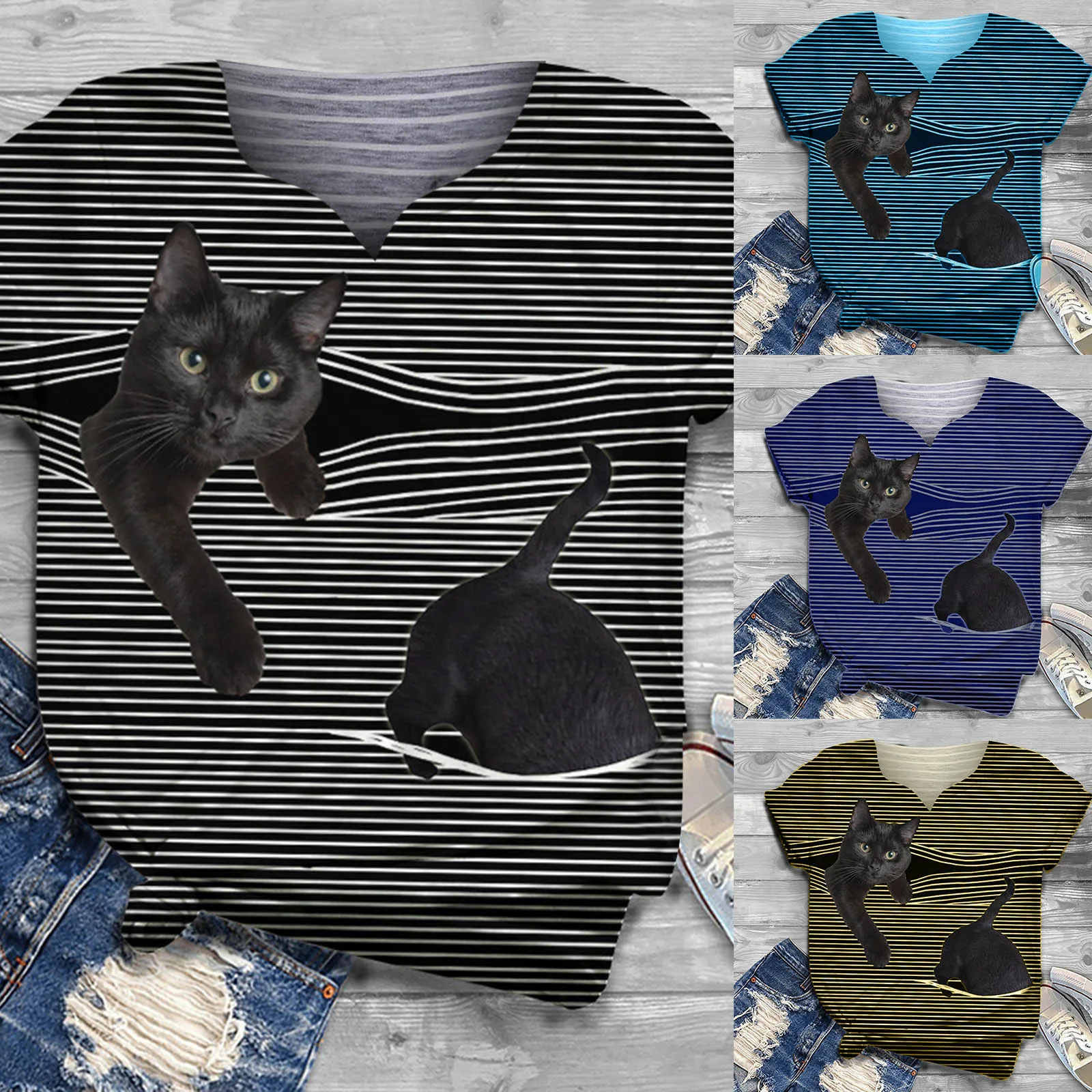 Женская футболка Camiseta повседневная полосатая с коротким рукавом и 3d принтом кота