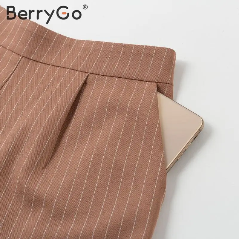 BerryGo Sleeveless two piece set women blazer vest Striped sash belt female suit outfit 2020 Spring summer shorts two-piece | Женская