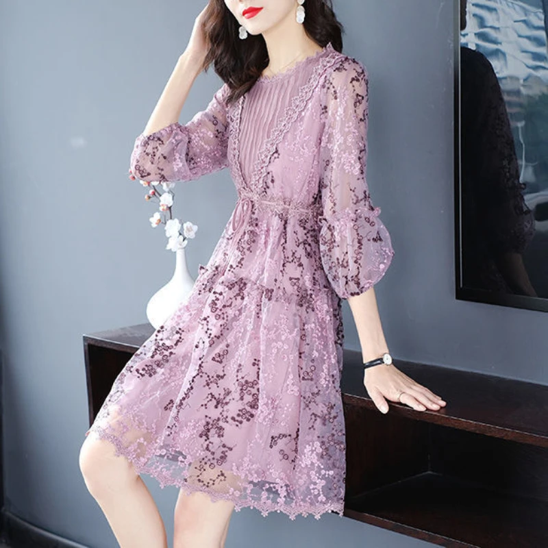 

2021 Women Spring Summer Elegant Dresses Ladies O-neck Embroidery Ruffle Pleated Lace Dress Female Casual Hollow Out Vestido J73