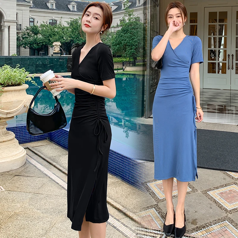 

The new female summer knit cultivate one's morality show tall waist waist temperament v-neck dress open fork of the dress