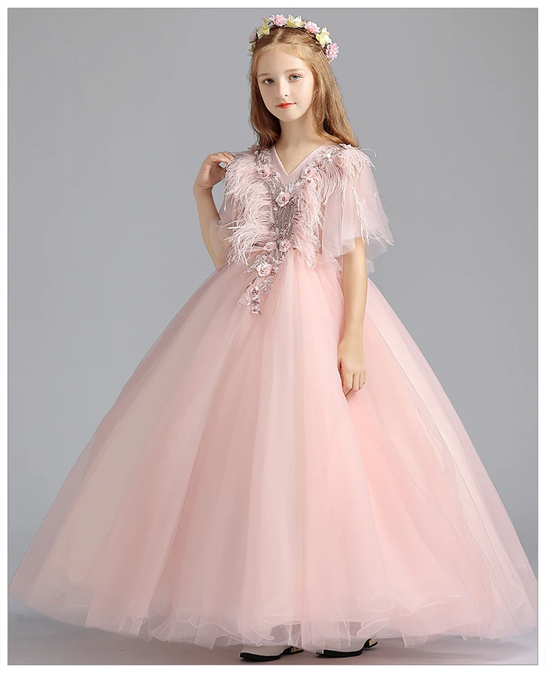 Розовое Тюлевое платье с аппликацией в виде перьев для девочек пышное принцессы