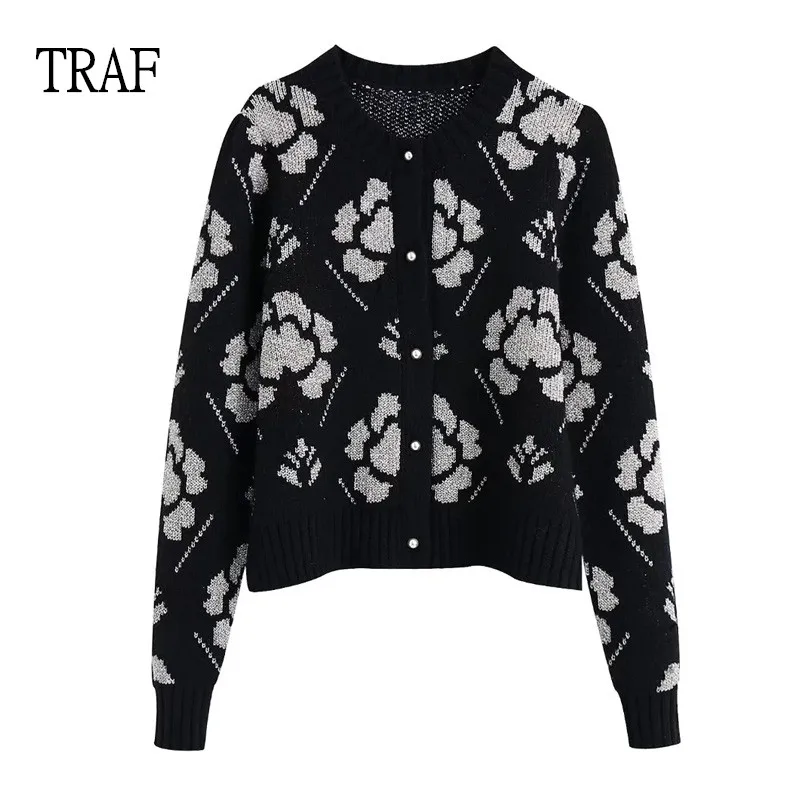 

TRAF Women Cardigan Knitted Sweater Fashion Metallic Line Flower Long Sleeve Top Vintage Button Sweater Female Knit Jacket