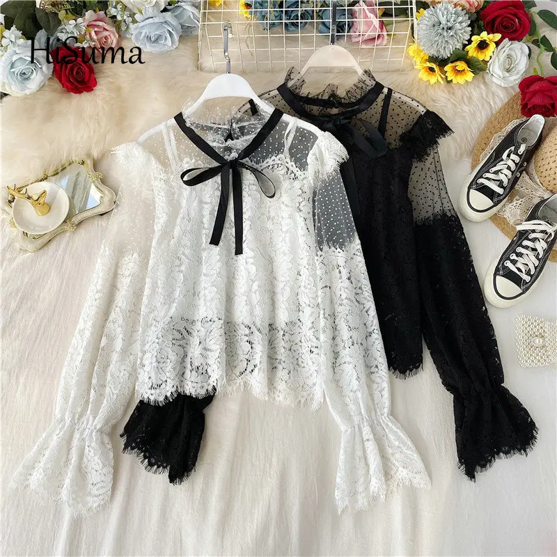 2021 Spring autumn new female lace-up bow puff sleeve ruffles gauze shirts women sweet mesh blouses fairy shirt