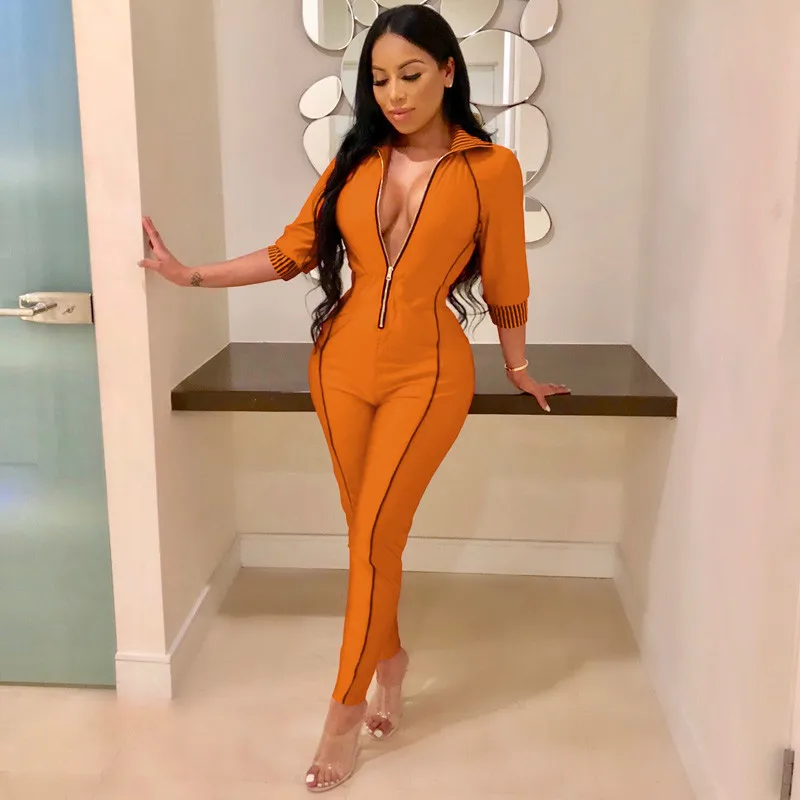 

CHRONSTYLE Jumpsuit Slim V-neck Clubwear Striped Zipper Bodycon Overalls Autumn 2020 Sexy Women Bodysuit Long Sleeve Romper 2020