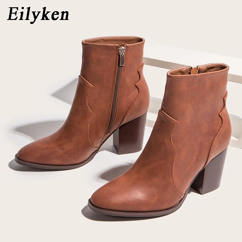 

EilyKen/ботильоны высокого качества новые пикантные женские ботинки «Челси» на Высоком толстом каблуке с острым носком на молнии Большие разм...