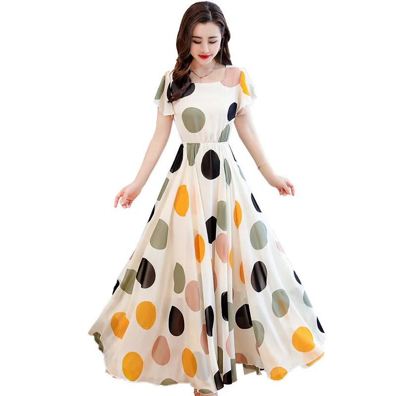 

Chiffon dress 2021 new summer fashion dress long waist big wave point retro Changsha beach dress seaside
