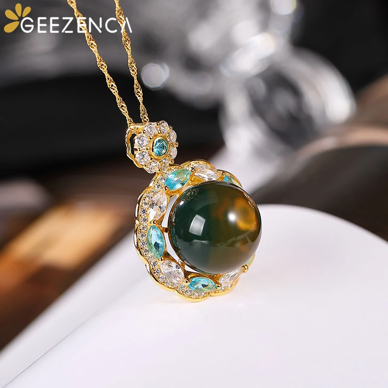 

S925 Silver Goldplated Natural Blue Amber Zircons Pendant Necklace For Women Gorgeous Trendy Necklaces Fine Jewelry Party Gift