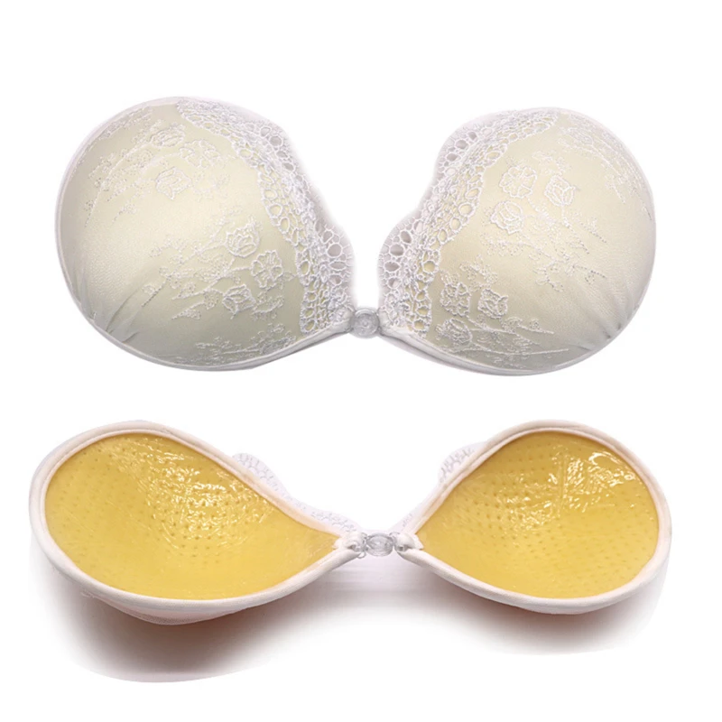 

White Lace Embroidery Bra Super Push Up Silicone Bralette Backless Strapless Invisible Pushup Sticky Bras For Women Wedding