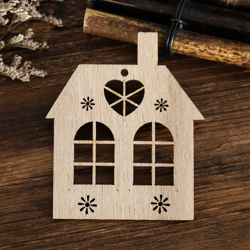 10pcsset navidad 2021 christmas house diy wooden pendant hanging tree ornament diy crafts party home decor noel new year 2022 free global shipping