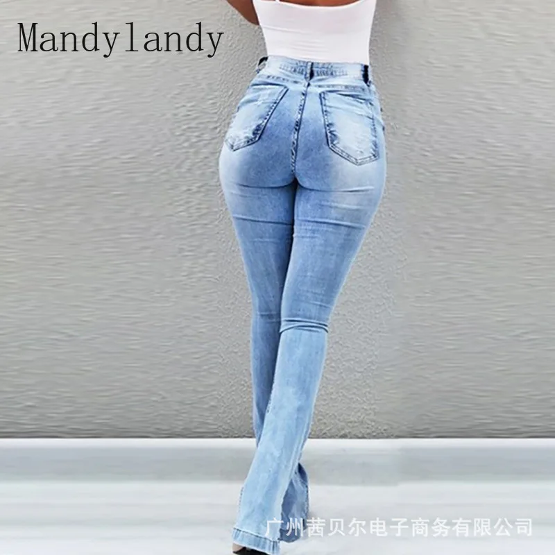 

Mandylandy Jeans Autumn Fashion Button High Waist Ripped Denim Flare Pants Women's Casual Solid Color Slim Fit Slit Jeans