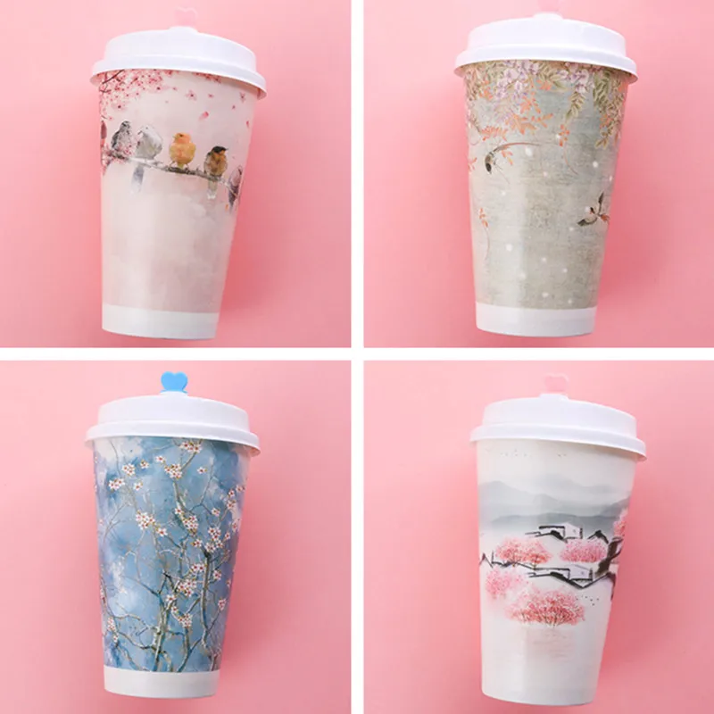 

50pcs Creative party birthday favor disposable coffee milk tea cup 500ml cold and hot drink thick paper packaging cup with lid