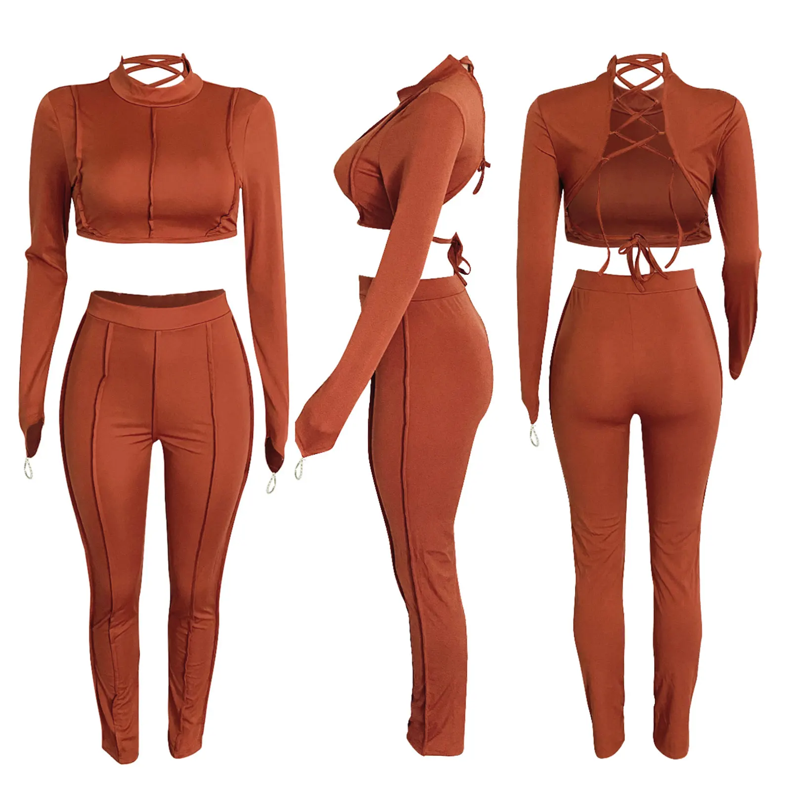 

Women's Cropped Top Jogger Pants Long Sleeve High Collar Elastic Wrapped Top Striped Sports High Waist Trousers