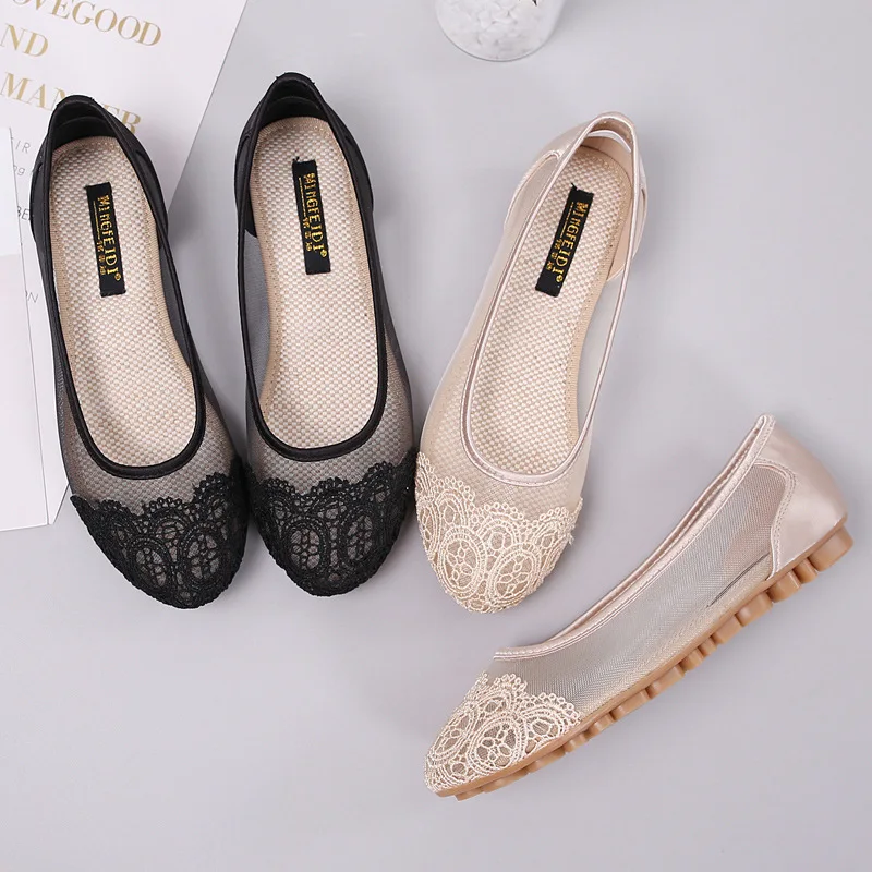 

2021 spring new lace mesh hollow women's shoes large size sweet lace breathable mesh flat shoes