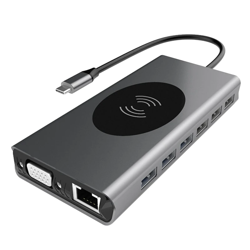 

Концентратор USB Type C 15 в 1 USB3.0 док-станция для Беспроводной заряда, совместимому с HDMI + PD + RJ45 + VGA USB C концентратор для ноутбука