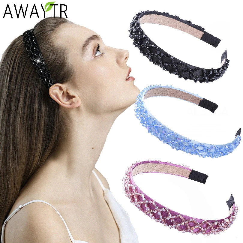Женский широкий обруч для волос с кристаллами и бусинами широкая металлическая