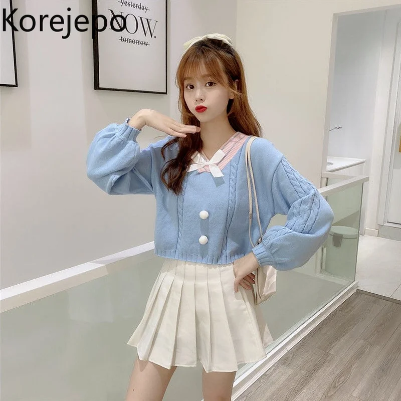 

Korejepo Women Sweater 2021 Autumn New Ball Korean Chic Style Sweater Outer Wear Bowknot V-neck Loose Contrasting Color Knitwear