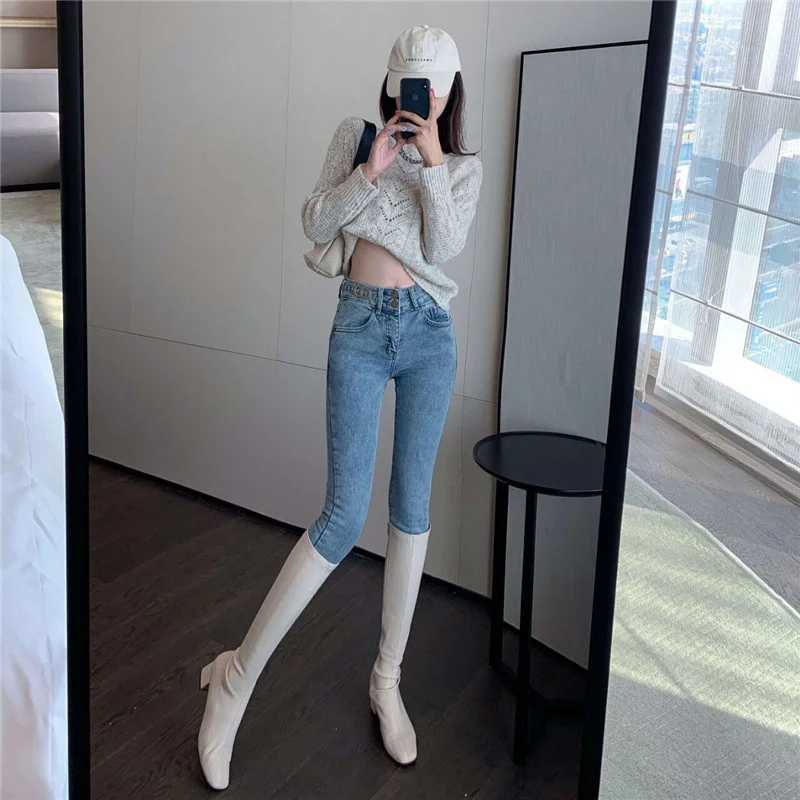 Осенне-зимние стильные светильник лые джинсы в Корейском стиле Женские Новые