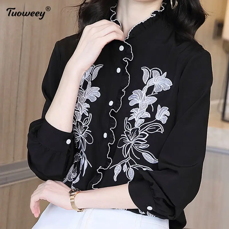 

2021 Embroidery silk shirt women's loose long-sleeved shirt plus size tunic stand collar blouse casual office tops