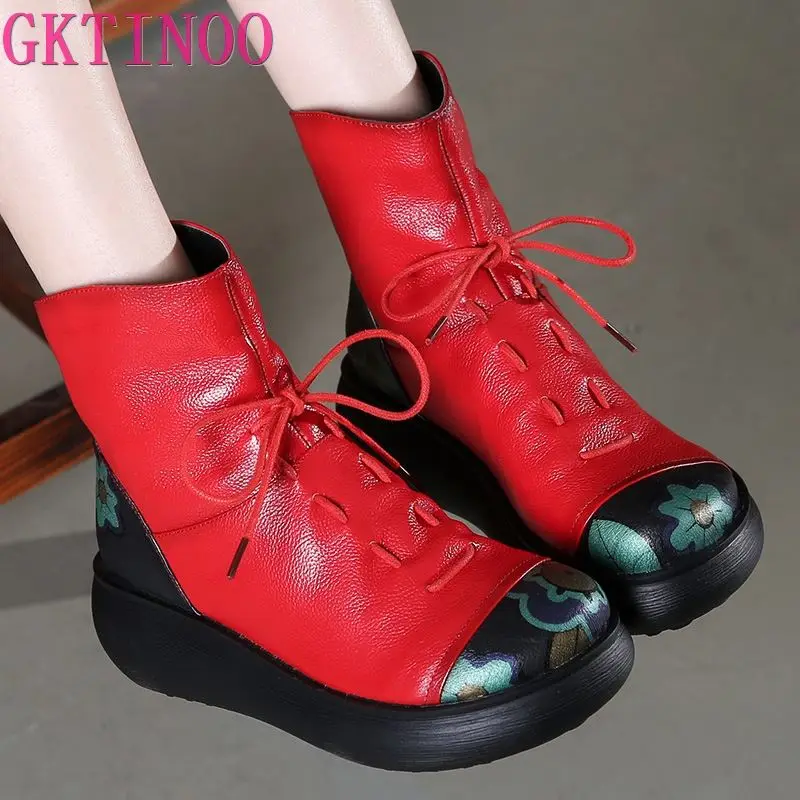 Женские ботильоны ручной работы GKTINOO из натуральной кожи в стиле ретро на