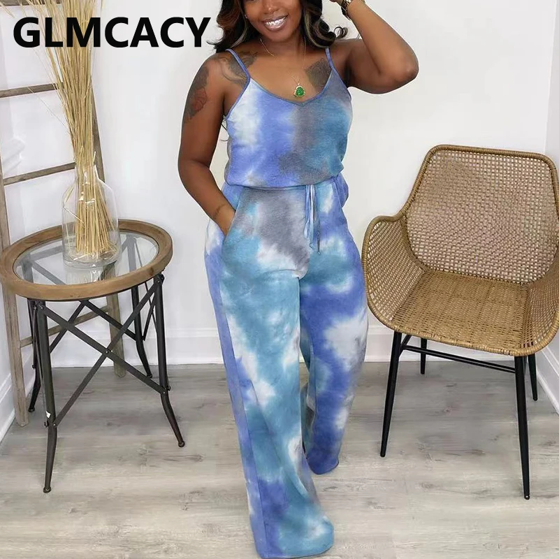 

Abstract Tie Dye Printed Casual Loose Jumpsuit Summer Overalls