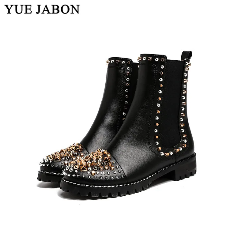 

YUE JABON Boots Women Round Toe Rivet Flower Boots Black Studded Genuine Leather Ankle Boots Women Botines Luxury Botas Mujer