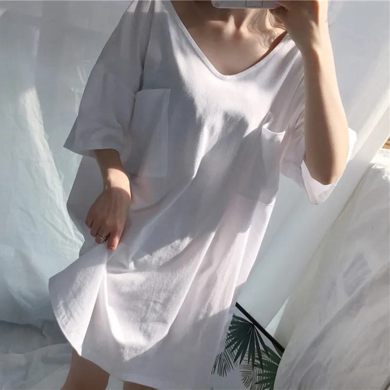 

XIFER V-neck Short-sleeved Homewear Women Summer New Style Sexy Cotton Loose Nightdress Women Sleepwear Sexy
