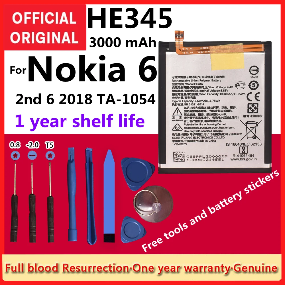 

Original HE345 3000mAh Battery for Nokia 6 2nd 6 2018 TA-1054 HE 345 Batteries Bateria +Tracking + Tools