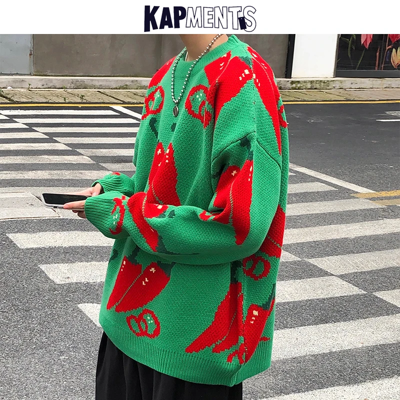 KAPMENTS Men Harajuku Chili Winter Knitted Sweater 2020 Korean Fashions Mens Hip Hop Wool Sweaters Male Vintage Pullover | Мужская