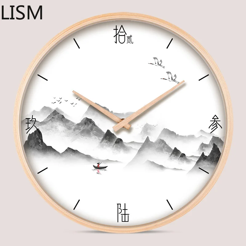 

Round Wall Clock Quartz Silent Ink Painting, Atmosphere, Light Luxury, Wall Decoration, Wooden Wall Clock, Living Room, Study