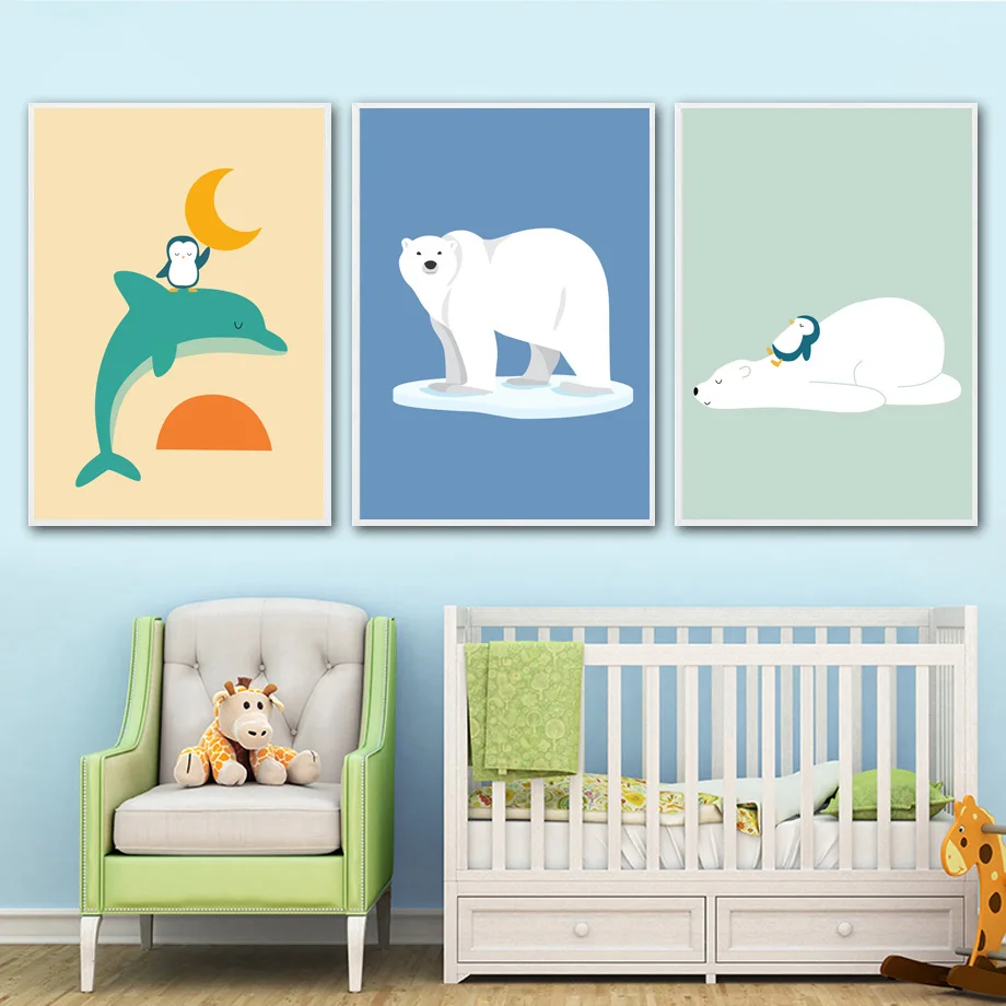 Мультяшное украшение для дома живопись дельфин Пингвин и полярный медведь холст