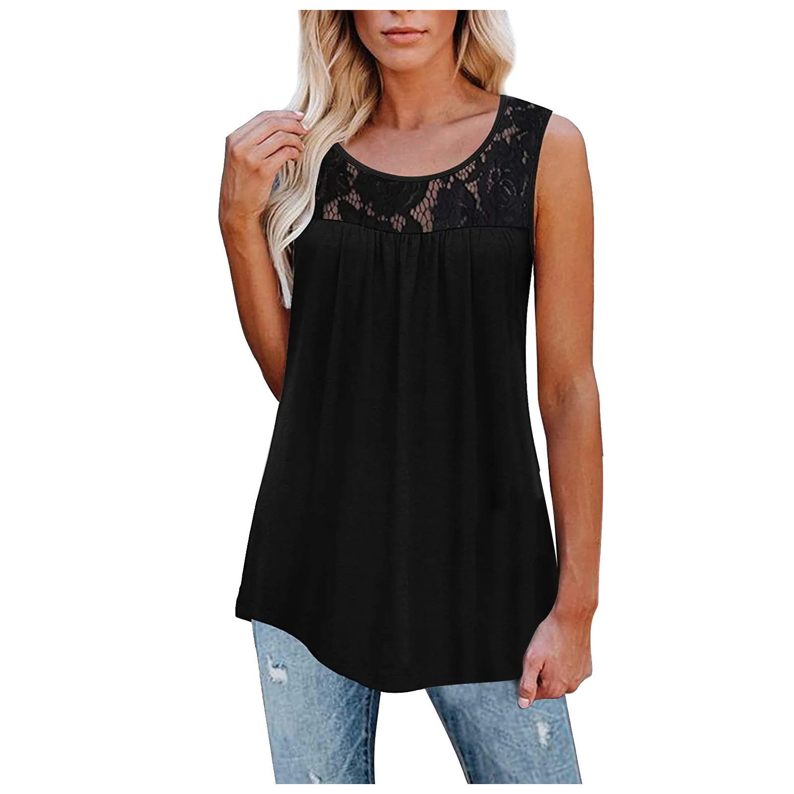 

2021 New Products Woman T-shirt Large Sleeveless T-shirt Lace Pleated Shirt Women Black Top Women Clothing