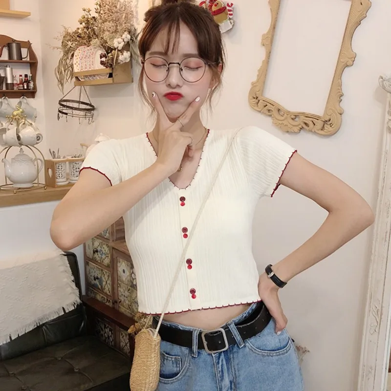 

Solid Color Short Sleeve Knitted Tops Preppy Style Slim Tee T-Shirt Button Summer Sexy V-neck T shirt Dropshiping