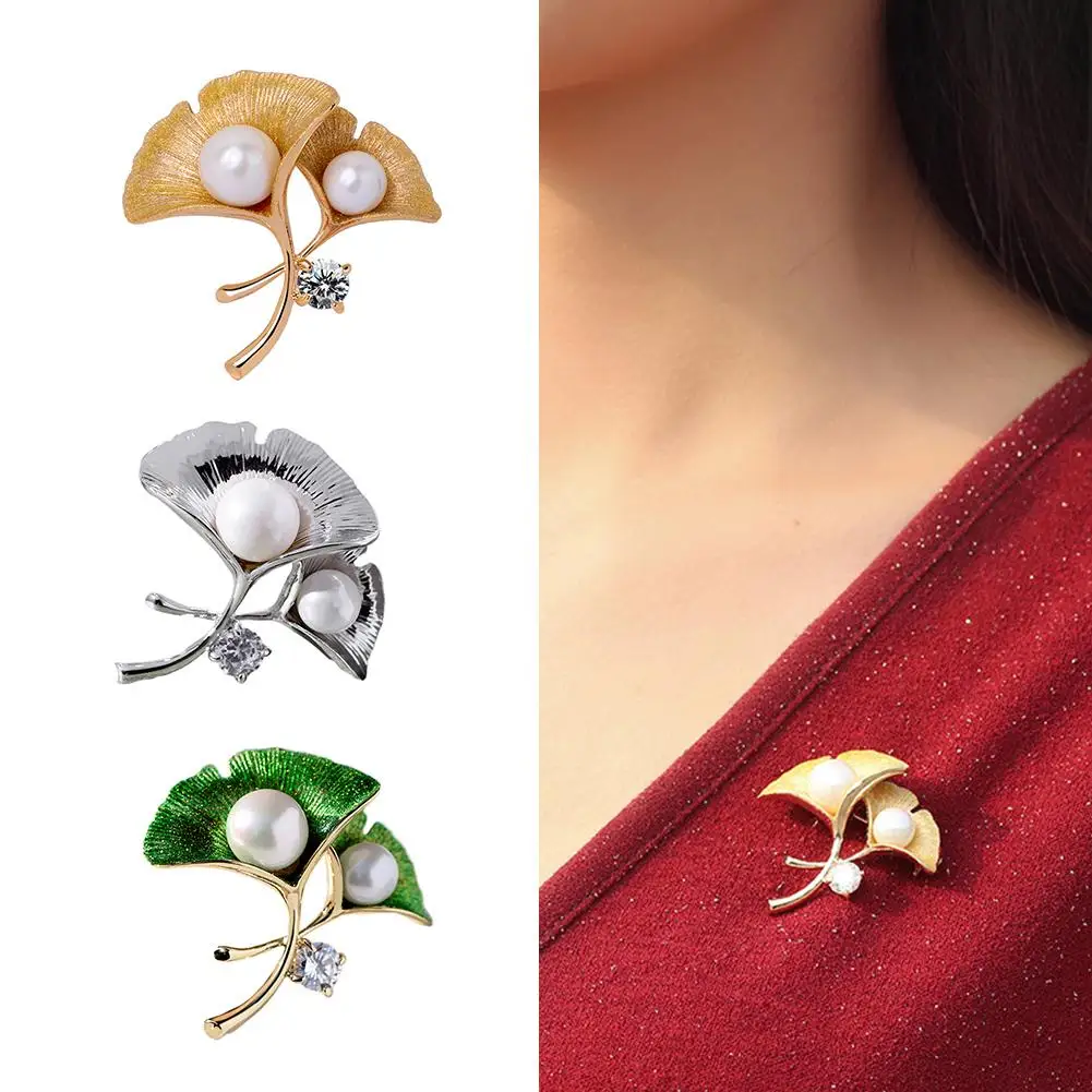 Fashion Women Cubic Zirconia Faux Pearl Ginkgo Leaf Brooch Pin Badge Lapel Decor | Украшения и аксессуары