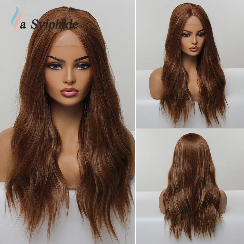 

La Sylphide Synthetic Lace Front Wigs Long Wavy Brown Highlight Lace Wig Middle Part for Women Nature Hair for Daily Lace Wig