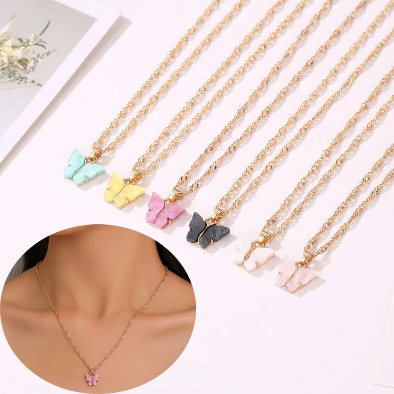 

Korean cute acrylic color butterfly necklace for women long wild clavicle chain pendant refined stylish mujer gift