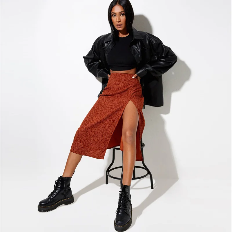 

Sexy Leopard Flower Print Skirts High Waist Stretch Split Midi Skirts 2021 Summer New Slim Street Style A-line Skirt