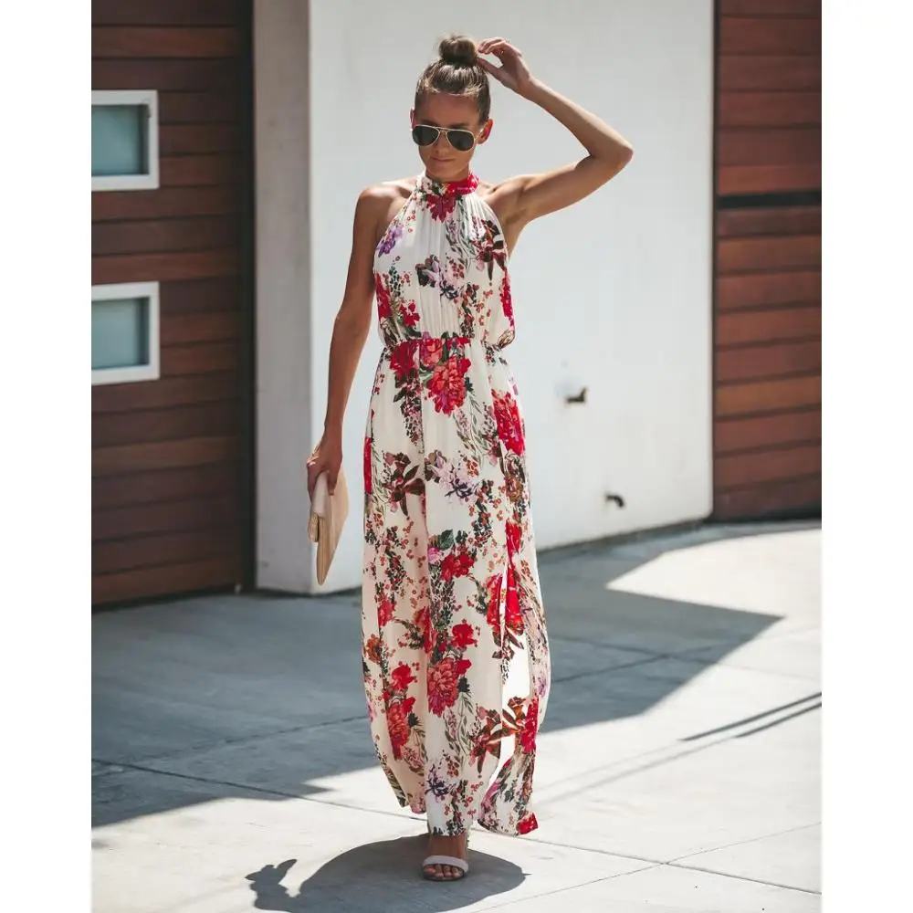 Женское Модное Длинное платье без рукавов с цветочным принтом в богемном стиле