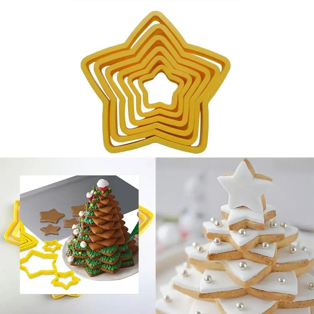 

6Pcs / Set Christmas Tree Cookie Cutter Mold Stars Cutter Shape Molds Bakeware Fondant 3D Cake Decorating Biscuit Tools Cak B8O9