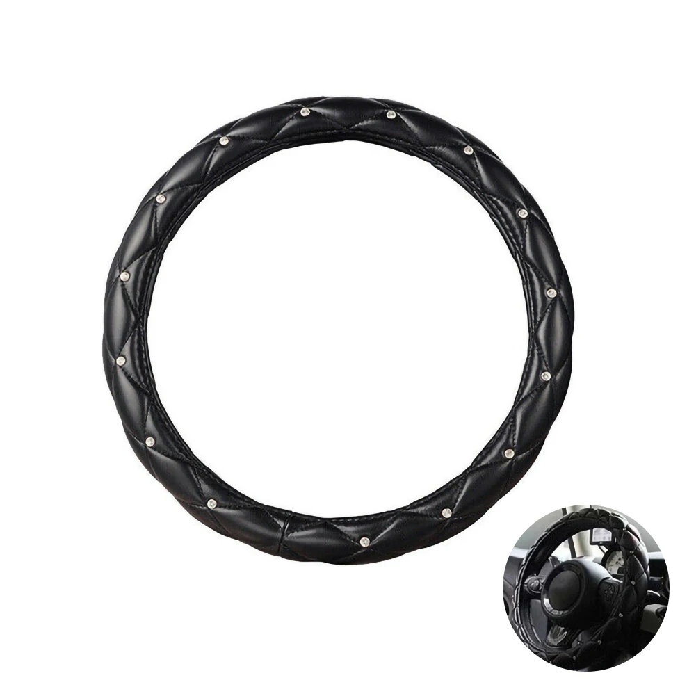 

1P 38cm Luxury Crystal Crown Studded Rhinestone Pu Leather Car Steering Wheel Cover Fashion Non-slip Breathable Auto Accessories