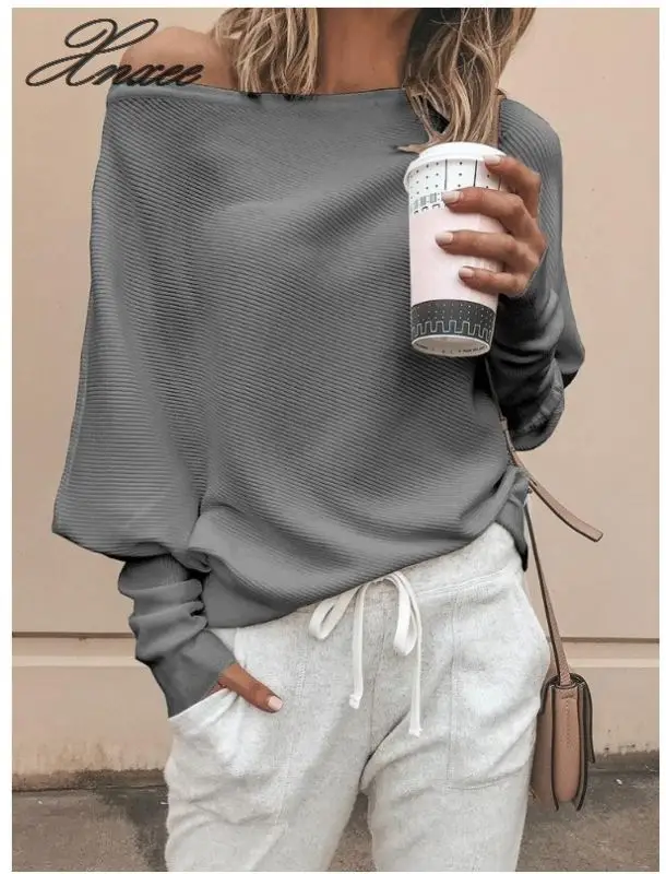 Xnxee Casual Loose Bat Sleeve Sweater Autumn Fashion Plain Shoulder Knitted Gray White Knit Pullover S-5XL | Женская одежда