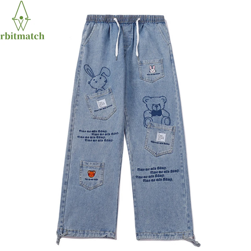 

Hip Hip Jeans Streetwear Men Loose Denim Pants Rabbit Bear Embroidery Vintage Denim Harajuku Joggers Trousers Cotton Harem Pants